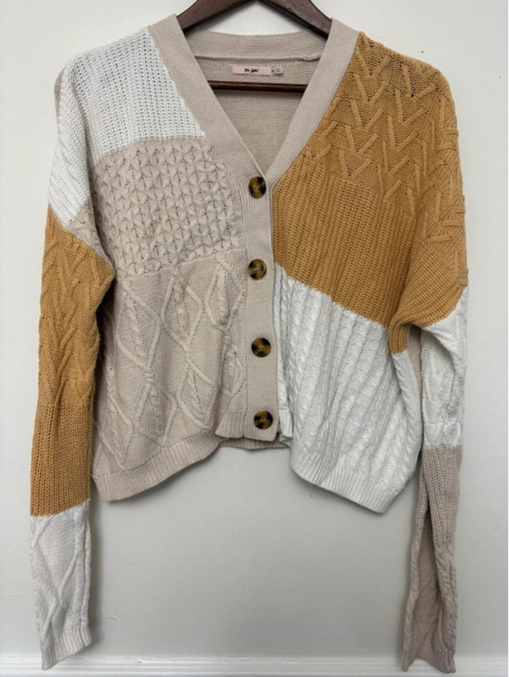 Cable Knit Cardigan Women’s M Mustard Cream Colorblock Cropped Oversized